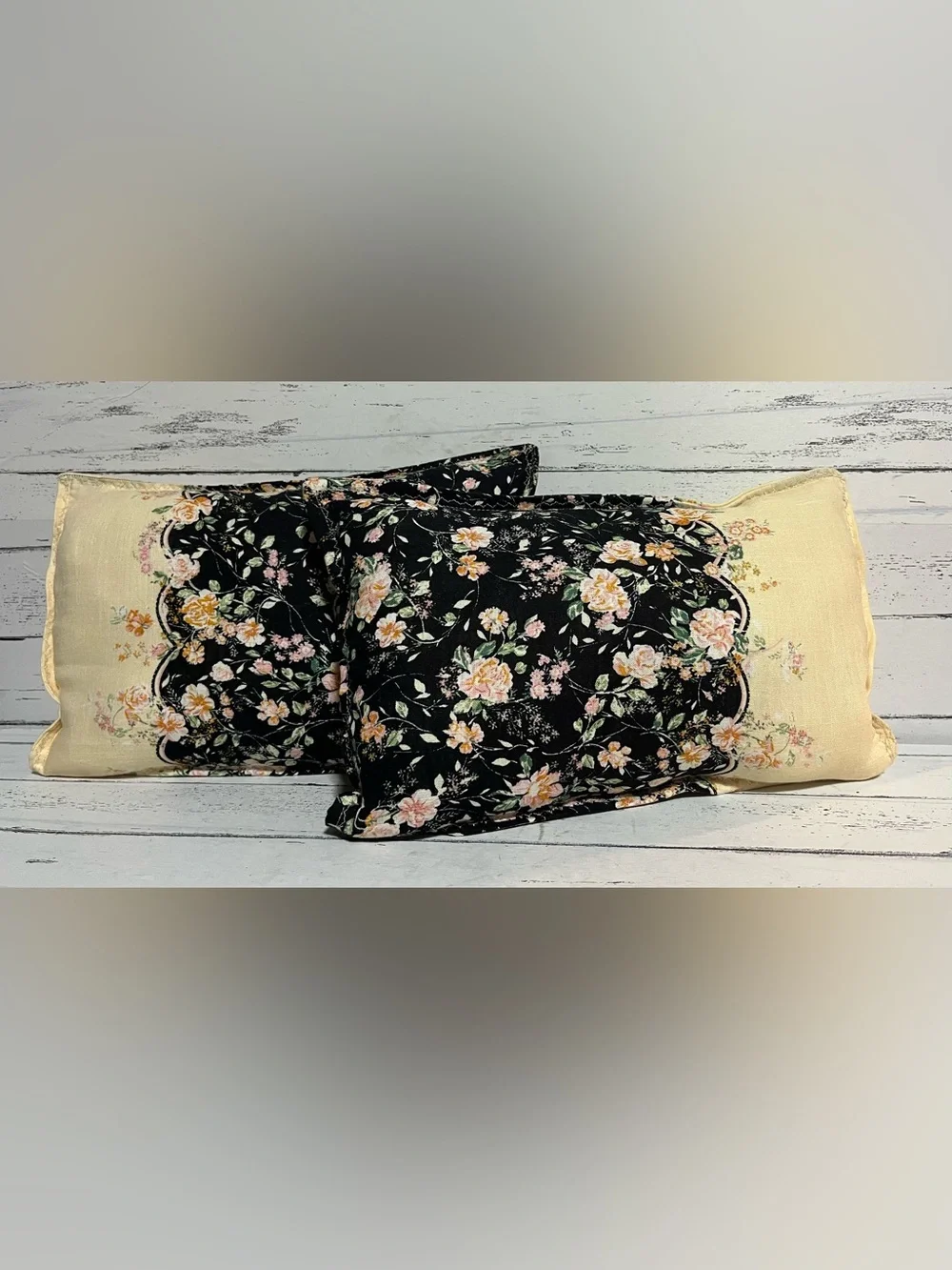 Set of 2 Handmade Sewn Floral Pillows Black Cream Cottage Farmhouse New